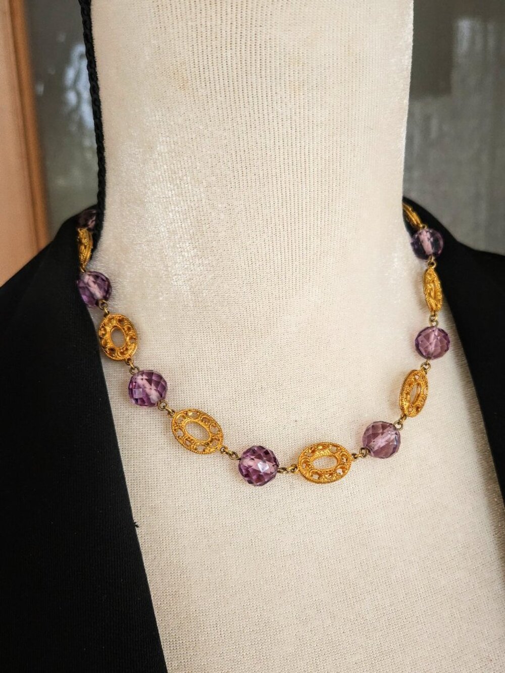 Vintage Gold Filled Amethyst Glass Beaded Choker Necklace